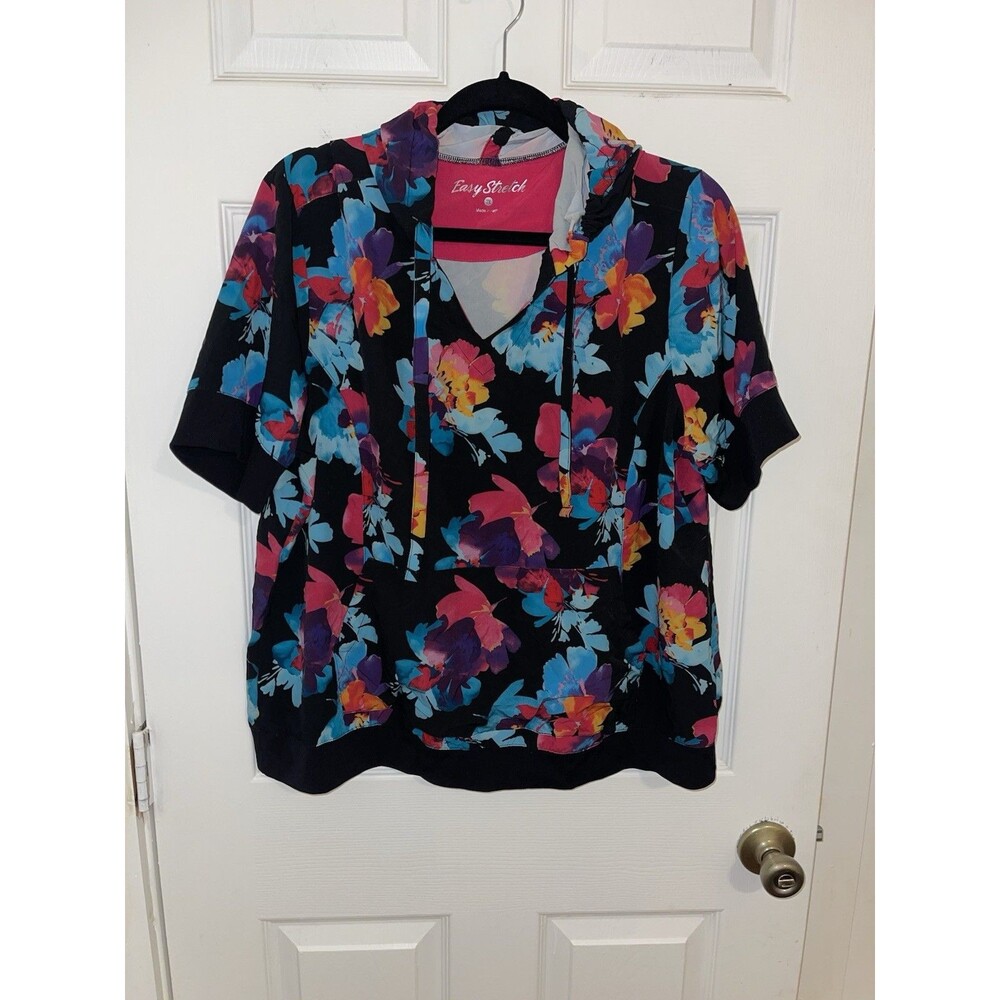 Easy STRETCH Sweet Blossoms Royal Women's 4-Pocket V-Neck Scrub Top Hoodie 2X